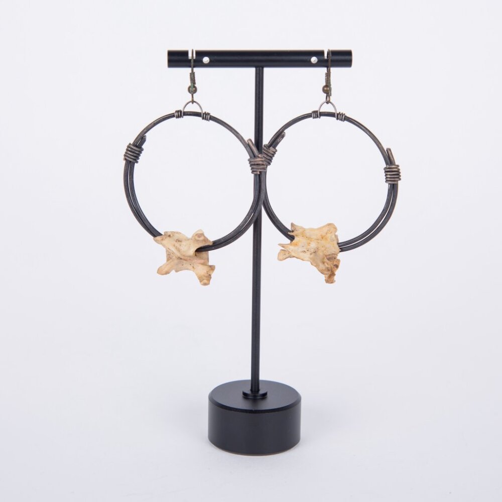 WOLF TEA CREATIONS HANDMADE WIRE WRAP HOOP EARRINGS WITH RACCOON VERTEBRAE CHARM